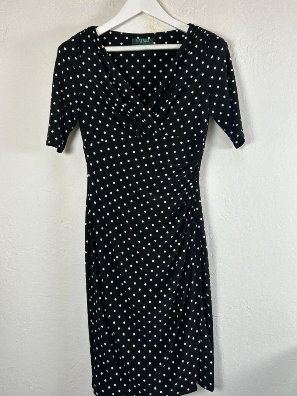 Lauren Ralph Lauren Black Polka Dot Ruched Faux Wrap Dress Size 2 Short Sleeve
